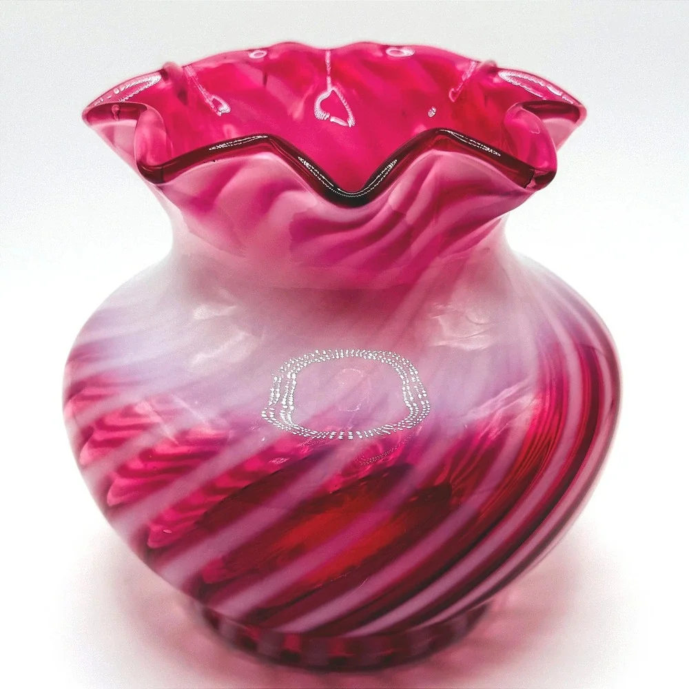 Fenton Vintage Cranberry Opalescent Swirl Art Glass Vase Ruffled Rim Hand Blown